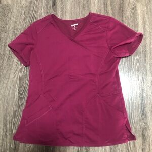 SCRUBSTAR Premium Faux-Wrap Scrub Top Stretch Knit Trim Wine Size S